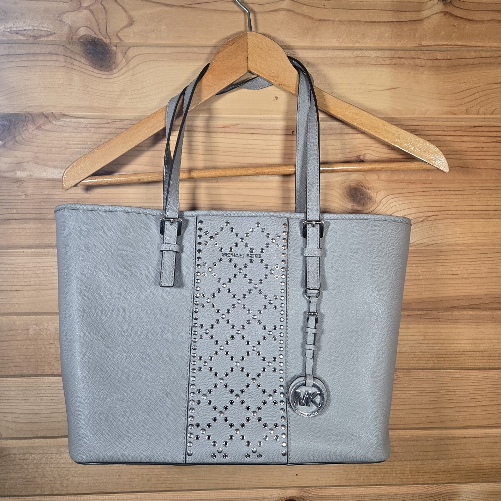Michael Kors Jet Set Travel Tote Pearl Gray Leather Studded Silver Hardware